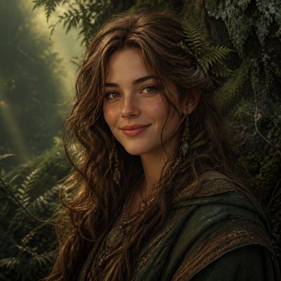 head-and-shoulders portrait of an original character: a young woman with wavy chestnut hair and a warm smile, plain soft backdrop
