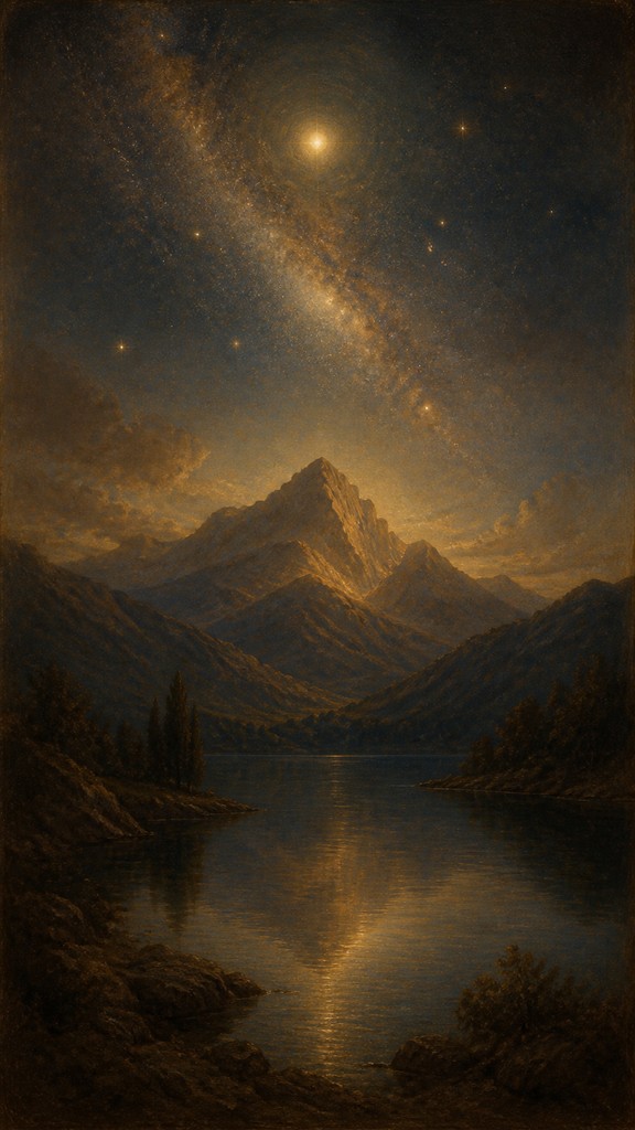 a tranquil mountain lake beneath a starry night sky, no people, no text