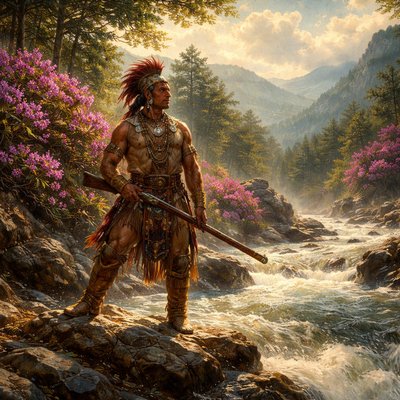 A breathtaking, cinematic digital painting of a Catawba warrior in traditional 18th-century regalia, standing proudly on the rocky banks of the rushing Doe River. The scene is framed by a massive, vibrant peak bloom of purple-magenta Catawba Rhododendrons. In the background, the misty, blue-toned peaks of the Appalachian mountains rise under a soft golden hour light. The art style is a blend of romantic realism and Hudson River School landscapes, with rich textures and intricate detail on the warrior's leather and beadwork.