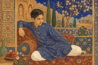 a painting of a man sitting on a couch
