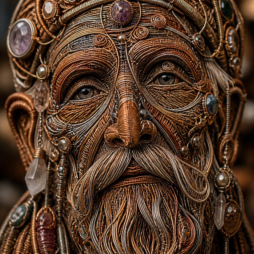 close-up portrait of an elderly person with expressive weathered features — Wire-Wrapped Jewelry Style