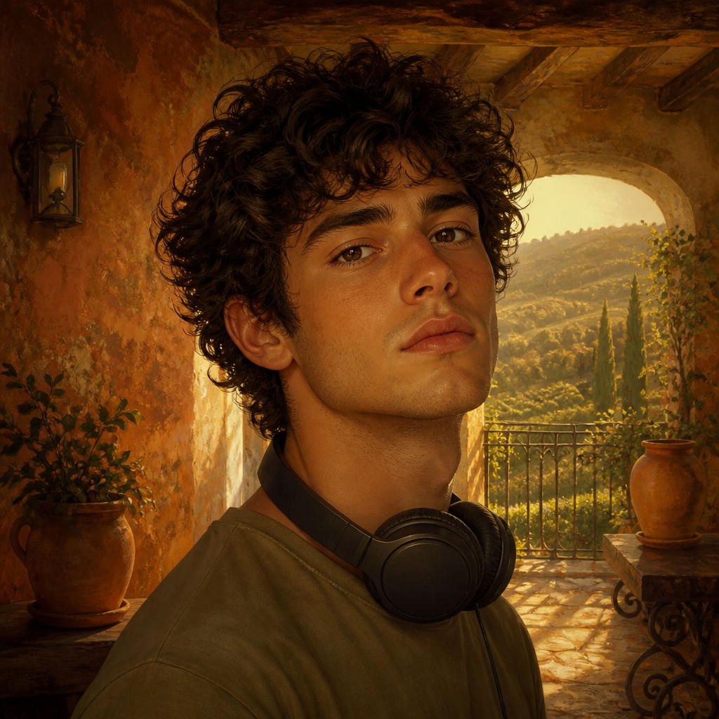 head-and-shoulders portrait of an original character: a young man with curly dark hair and headphones around his neck, plain backdrop, no text