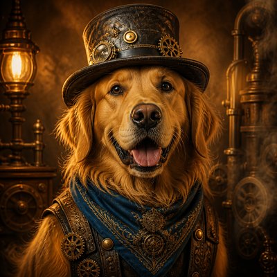 portrait of a golden retriever wearing a blue bandana, warm plain backdrop, no text