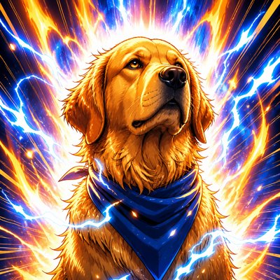 portrait of a golden retriever wearing a blue bandana, warm plain backdrop, no text