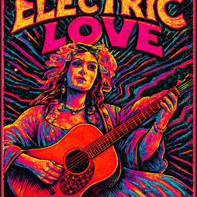 a poster of a woman playing a guitar