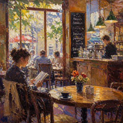 cozy cafe interior with warm lighting