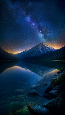 a tranquil mountain lake beneath a starry night sky, no people, no text
