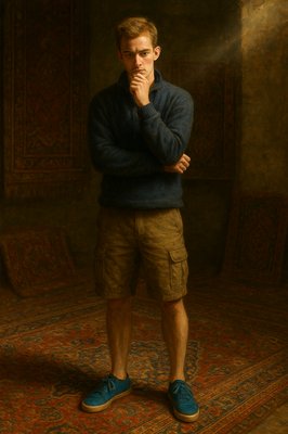 a painting of a man standing in front of a rug