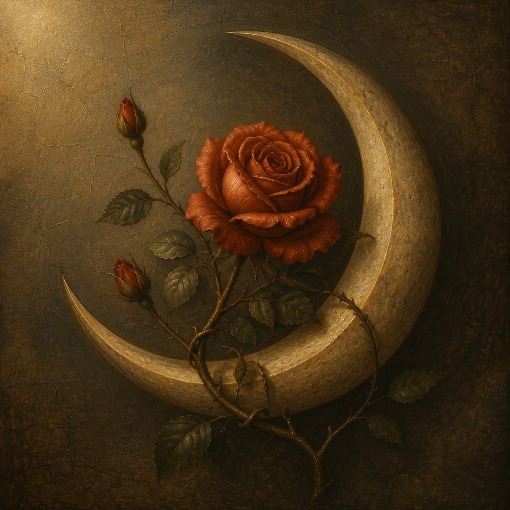 a rose entwined with a crescent moon, clean balanced composition on a plain background, no text
