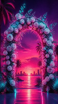 an arch of white roses and eucalyptus in soft morning light, elegant vertical composition with open space, no text