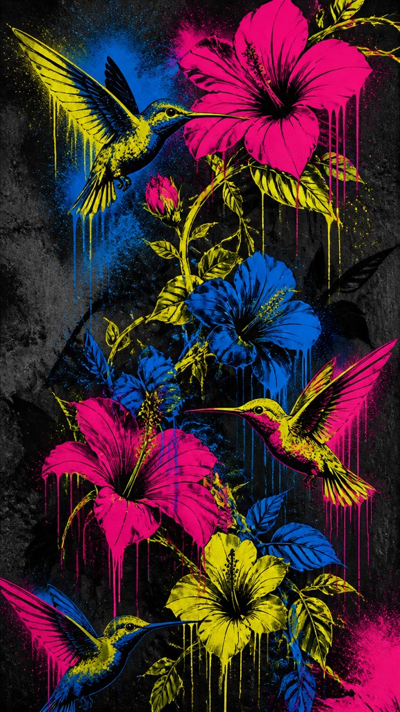 a climbing vine of flowers and hummingbirds on a dark background, tall wrapping composition, no text