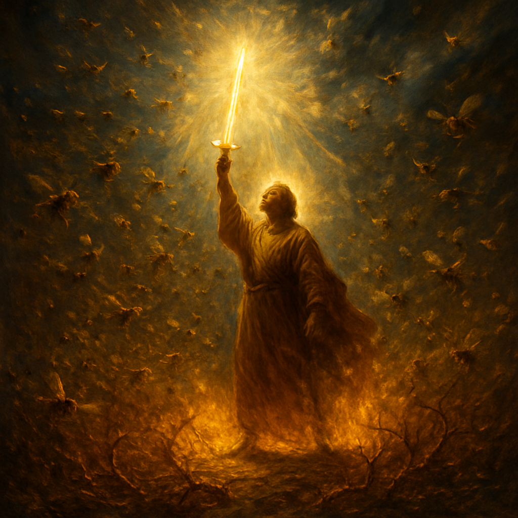 A vivid, dramatic scene depicting a lone figure standing resiliently in the center of a swirling swarm of bees, their forms illuminated by a fiery glow as thorns around them burn brightly, then fade into ash. The figure, clad in simple yet radiant robes, holds a shining sword raised triumphantly, symbolizing divine strength and victory. Behind them, a radiant light bursts forth, representing the presence of the Lord, with beams breaking through a stormy sky. The ground beneath the figure is cracked but stable, showing they were pushed but did not fall. The atmosphere is intense yet hopeful, with a harmonious blend of danger and divine protection, capturing the essence of Psalm 118:12-14--strength, salvation, and triumph through faith. The color palette includes fiery oranges, deep golds, and cool blues to contrast the chaos with divine peace. Ultra-realistic, slightly surreal. Extreme detail.