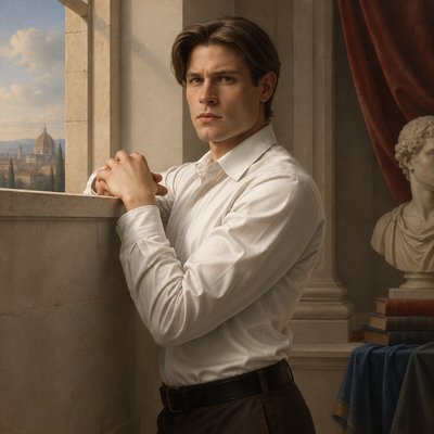 a painting of a man leaning against a wall