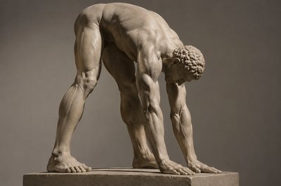 ancient greek ignudi athlete standing with his hands and torso stretching to the ground