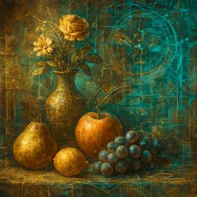 still life arrangement of fruits and flowers