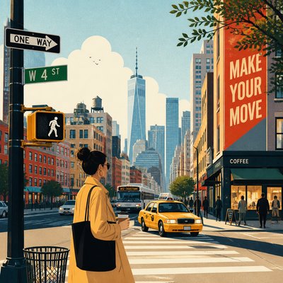 urban street with city activity — Digital Illustration Portrait Style