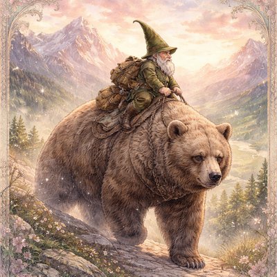A sweeping landscape photograph of a weathered gnome adventurer riding atop a massive grizzly bear. The gnome, wearing a moss-green tunic, leather armor, and a tall pointed hat, holds onto a braided rope harness. The bear is huge, shaggy, and powerful, walking along a rocky mountain path. In the background, there are towering peaks and a setting sun casting golden light across a vast valley. The scale difference between the tiny gnome and the giant bear is emphasized. Film grain, highly detailed.