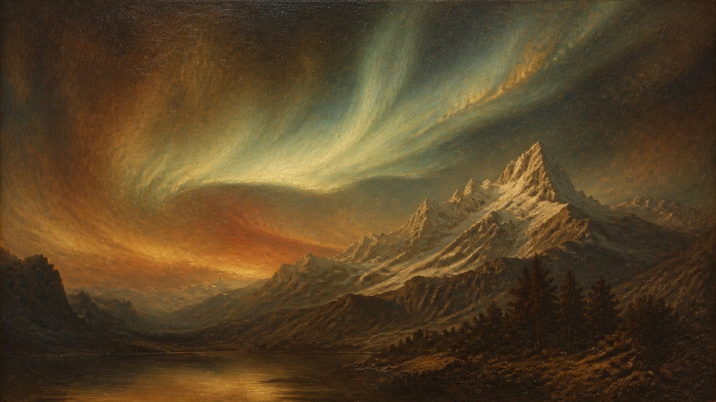 a flowing aurora over snowy peaks, wide sweeping composition, no people, no text