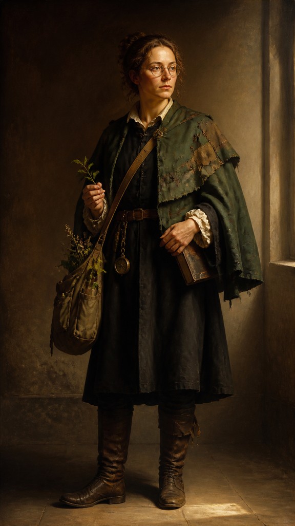 full-body original character: a wandering botanist with a satchel of plants, a patched green cloak, tall boots and round glasses, neutral background
