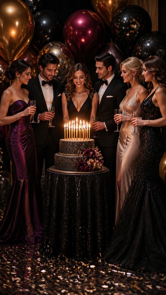 a birthday cake with lit candles surrounded by balloons and confetti, festive vertical composition, no text