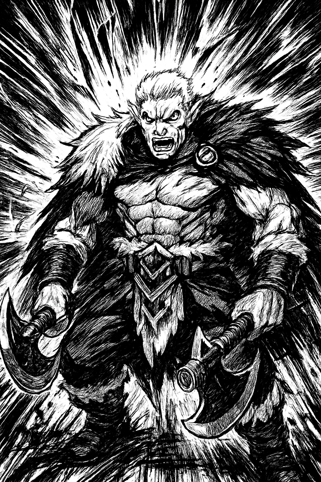 a black and white drawing of a demon holding a hammer