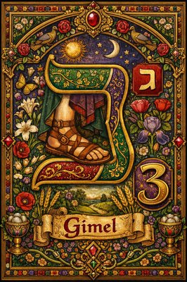 A picture of the Hebrew letter Gimel including in the design a picture of a sandaled foot and the modern Hebrew Gimel symbol ג , the number 3 and the name of the letter "Gimel" . 