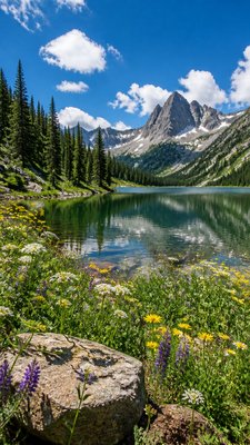 a tranquil mountain lake beneath a starry night sky, no people, no text