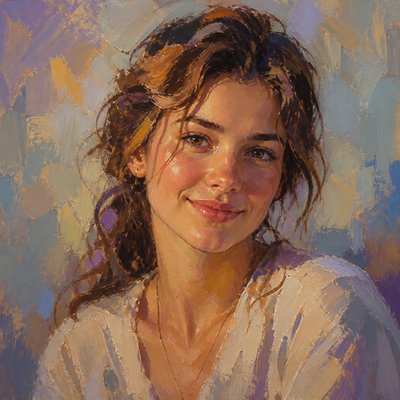 head-and-shoulders portrait of an original character: a young woman with wavy chestnut hair and a warm smile, plain soft backdrop