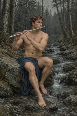 a man sitting on a rock playing a flute