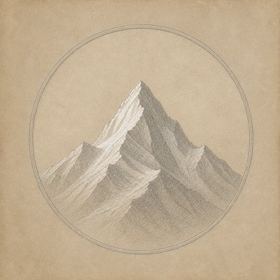 an emblem of a mountain peak inside a circle, simple bold shapes on a plain background, no text or lettering