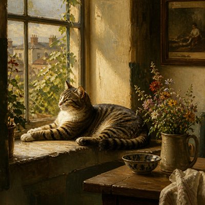 a cat lounging in a sunlit window