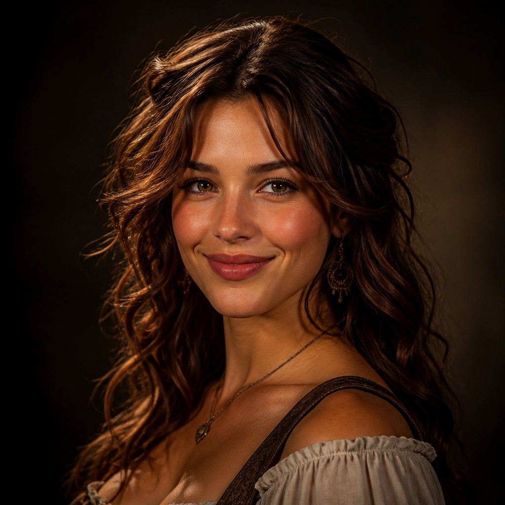 head-and-shoulders portrait of an original character: a young woman with wavy chestnut hair and a warm smile, plain soft backdrop