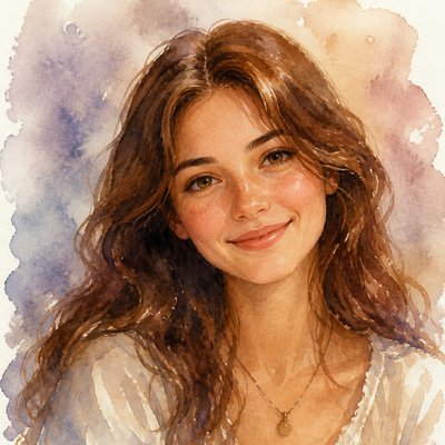 head-and-shoulders portrait of an original character: a young woman with wavy chestnut hair and a warm smile, plain soft backdrop