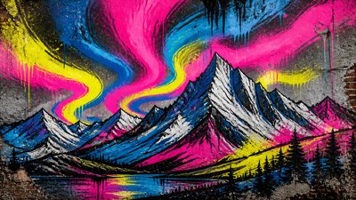 a flowing aurora over snowy peaks, wide sweeping composition, no people, no text