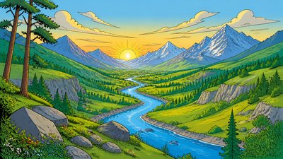 a vast valley with a river winding toward distant mountains at sunrise, no people, no text