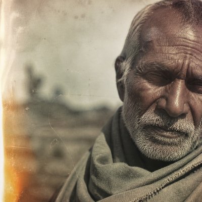 close-up portrait of an elderly person with expressive weathered features