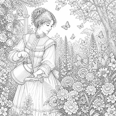 a garden scene with butterflies, flowers and a watering can, clean uncolored line art, no text