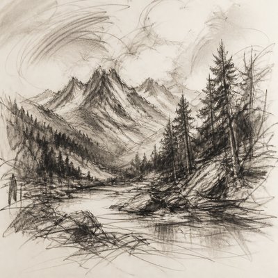 wide landscape with natural scenery — Gesture Sketch Drawing Style