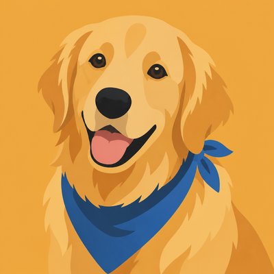 portrait of a golden retriever wearing a blue bandana, warm plain backdrop, no text