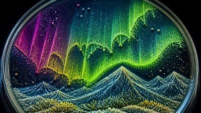 a flowing aurora over snowy peaks, wide sweeping composition, no people, no text
