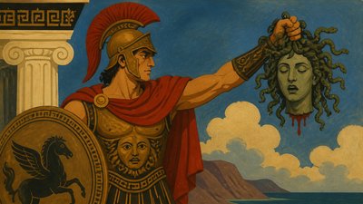 ancient greek warrior holding head of medusa