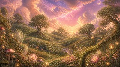 rolling hills with scattered trees under a big dramatic sky, no people