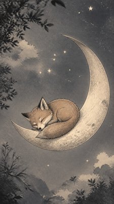 a sleeping baby fox curled on a crescent moon among soft stars, gentle and warm, no text