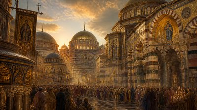bustling city street panorama at dusk
