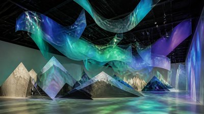 a flowing aurora over snowy peaks, wide sweeping composition, no people, no text