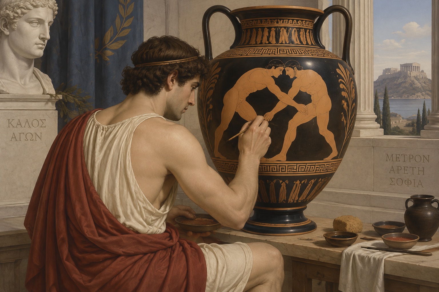 ancient greek vase painter with two ignudi wrestlers