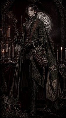 full-body original character: a wandering botanist with a satchel of plants, a patched green cloak, tall boots and round glasses, neutral background