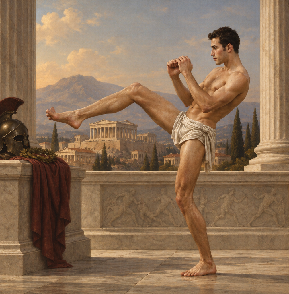 a painting of a man standing on one leg
