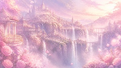 a cliffside city with waterfalls cascading into a misty canyon, wide establishing shot, no people, no text