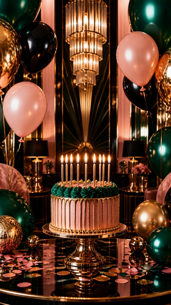 a birthday cake with lit candles surrounded by balloons and confetti, festive vertical composition, no text